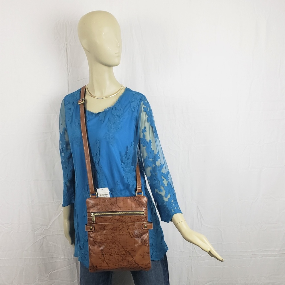 Patricia Nash Prizzi Leather Tan Maps Crossbody